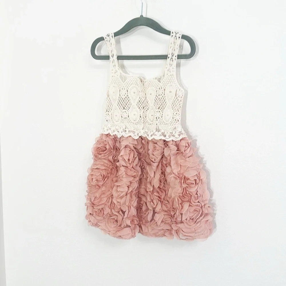 KDFZ Crocheted/Lace Dress Rose Bud Skirt Cream & Rose Size 110/4-5 Girls - Picture 1 of 4